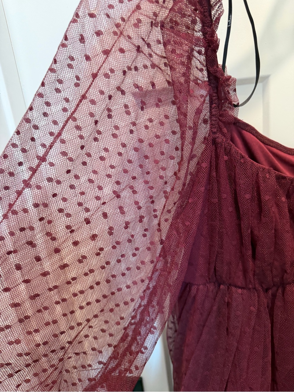 Lulu's Wine Dot Mesh Long Sleeve Babydoll Dress NWT - Picture 3 of 4